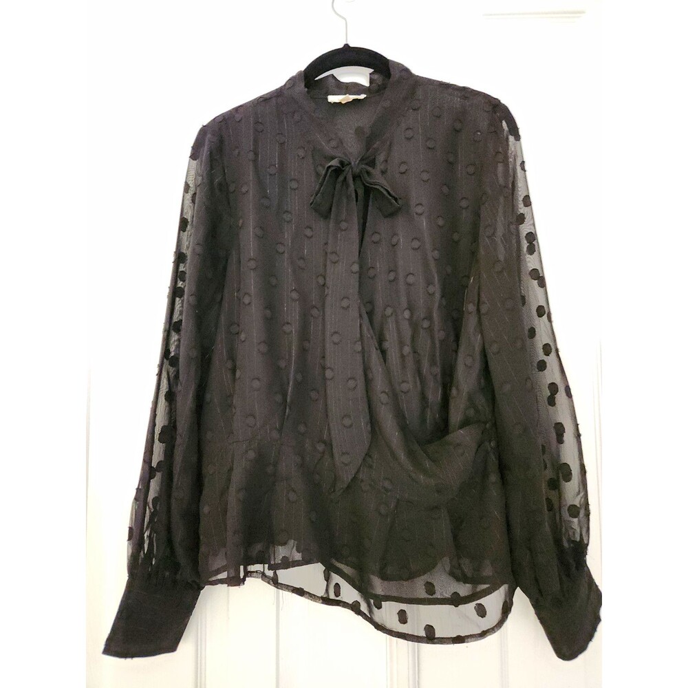 Mystree Black Sheer Polka Dot Chiffon Tie Neck Bow Long Sleeve Blouse Large